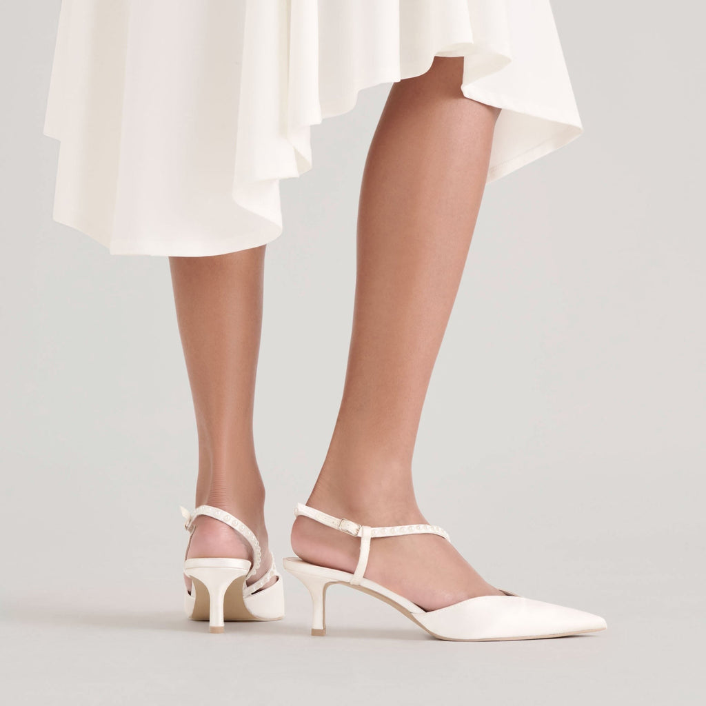 KAMRA PEARL MID HEELS TRUE WHITE SATIN