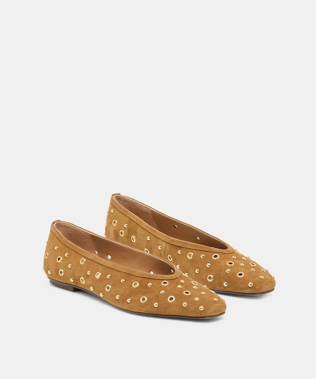 CARET STUD BALLET FLATS LT BROWN SUEDE