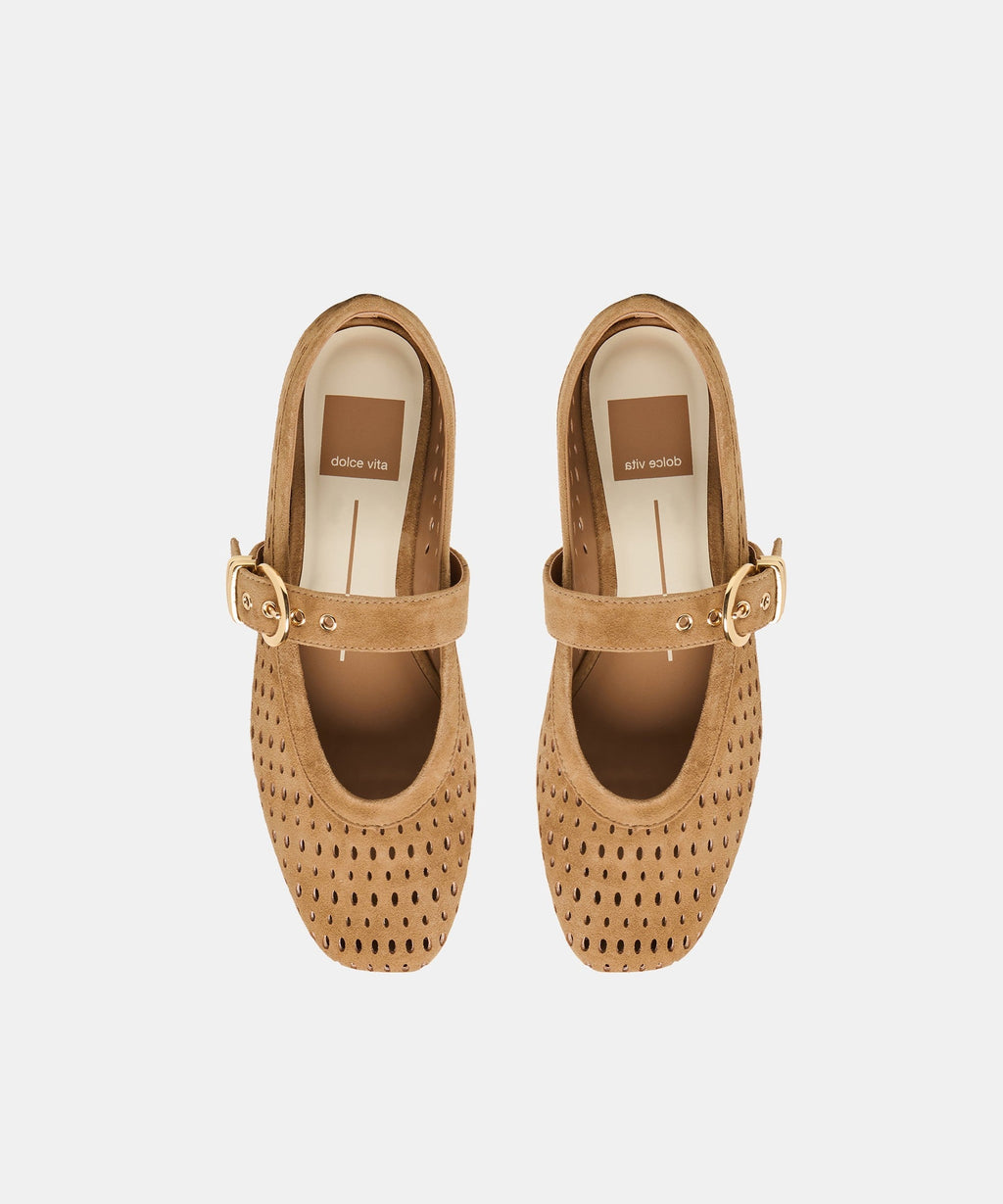 MIKEL BALLET FLATS LT BROWN PERFORATED SUEDE