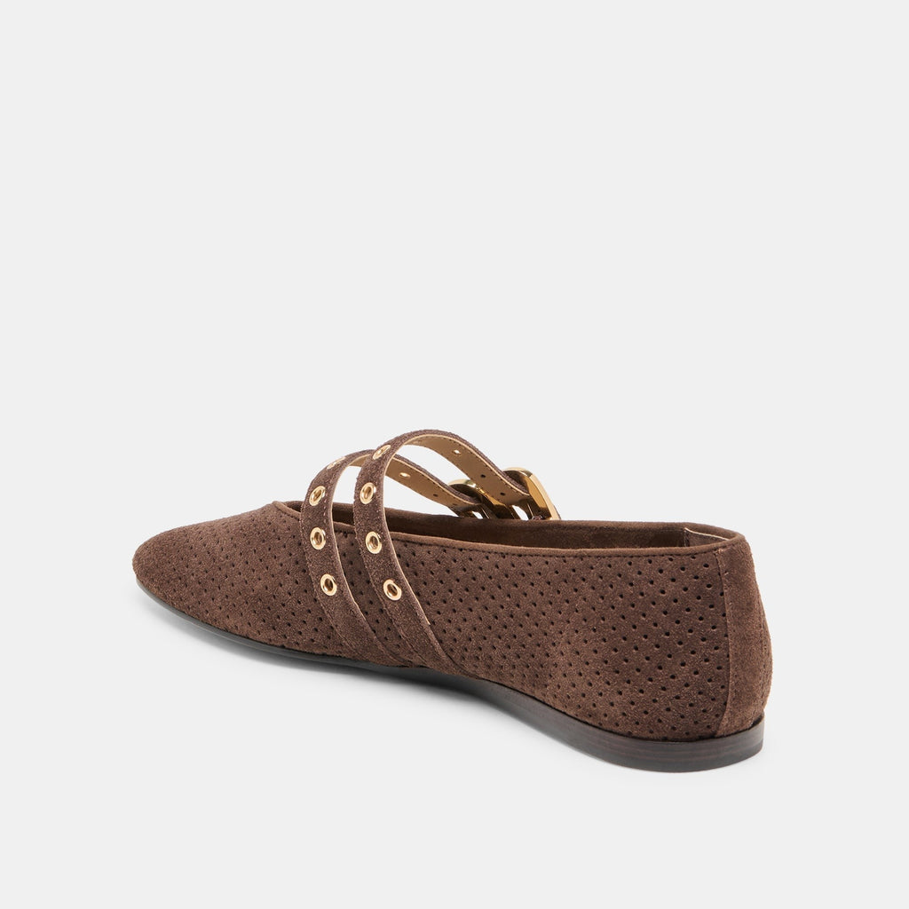 BAYLEE GROMMET BALLET FLATS DK BROWN PERFORATED SUEDE