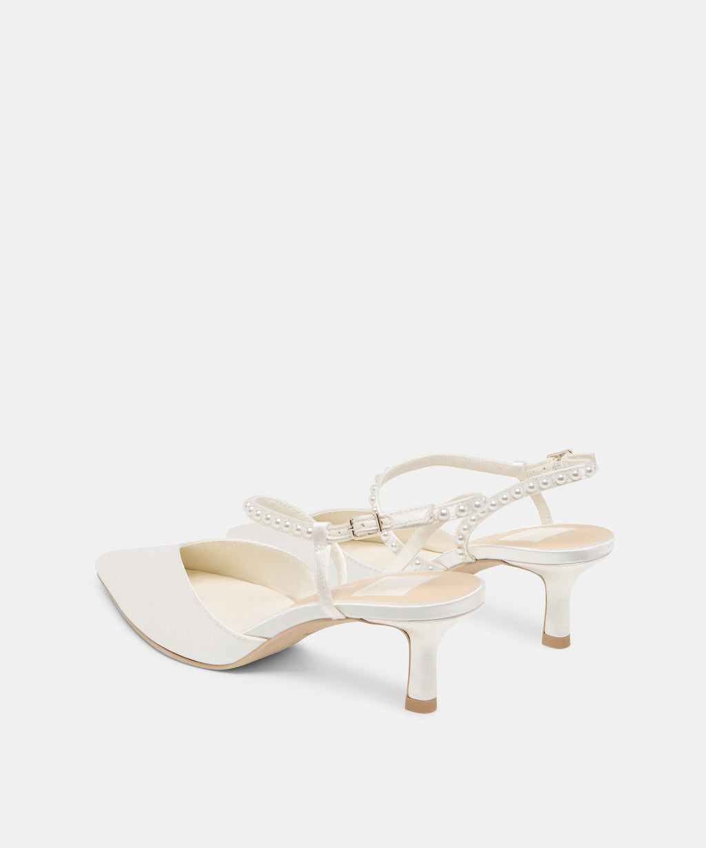 KAMRA PEARL MID HEELS TRUE WHITE SATIN