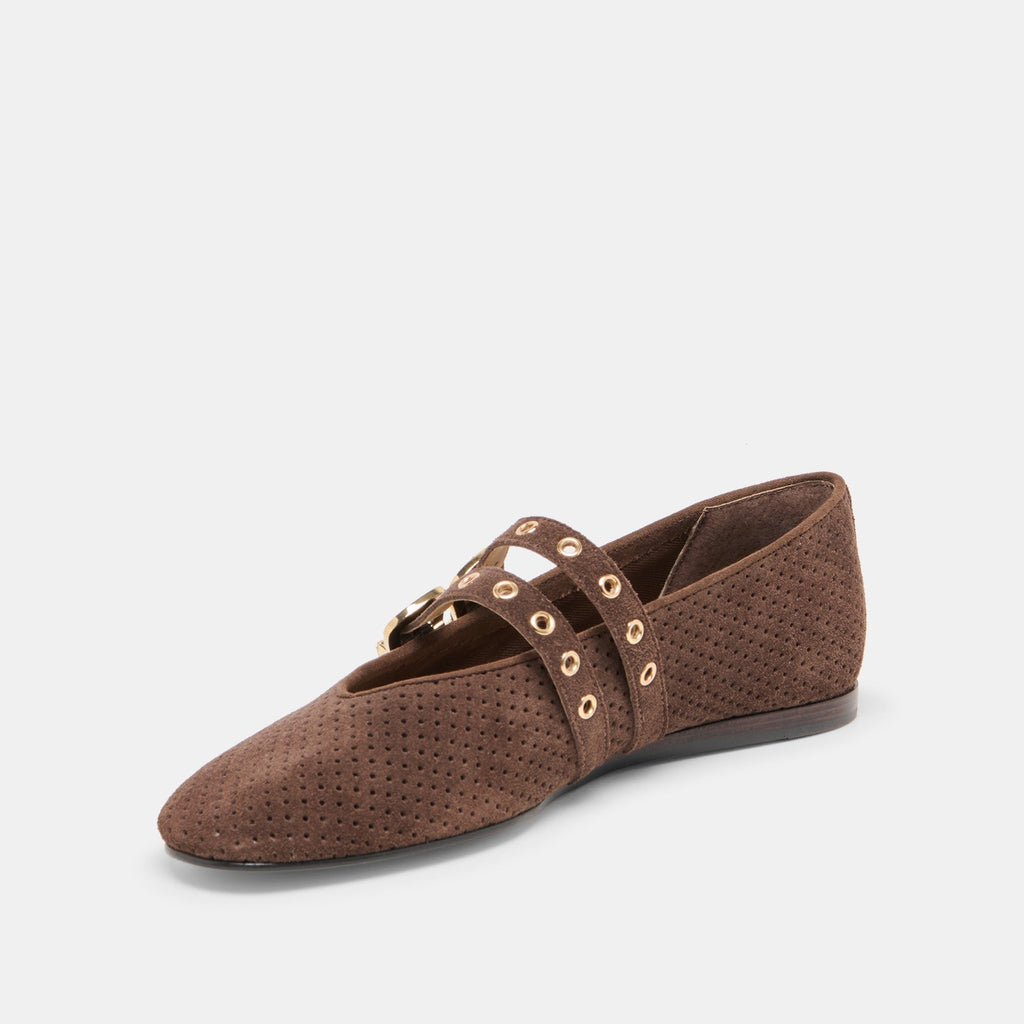 BAYLEE GROMMET BALLET FLATS DK BROWN PERFORATED SUEDE